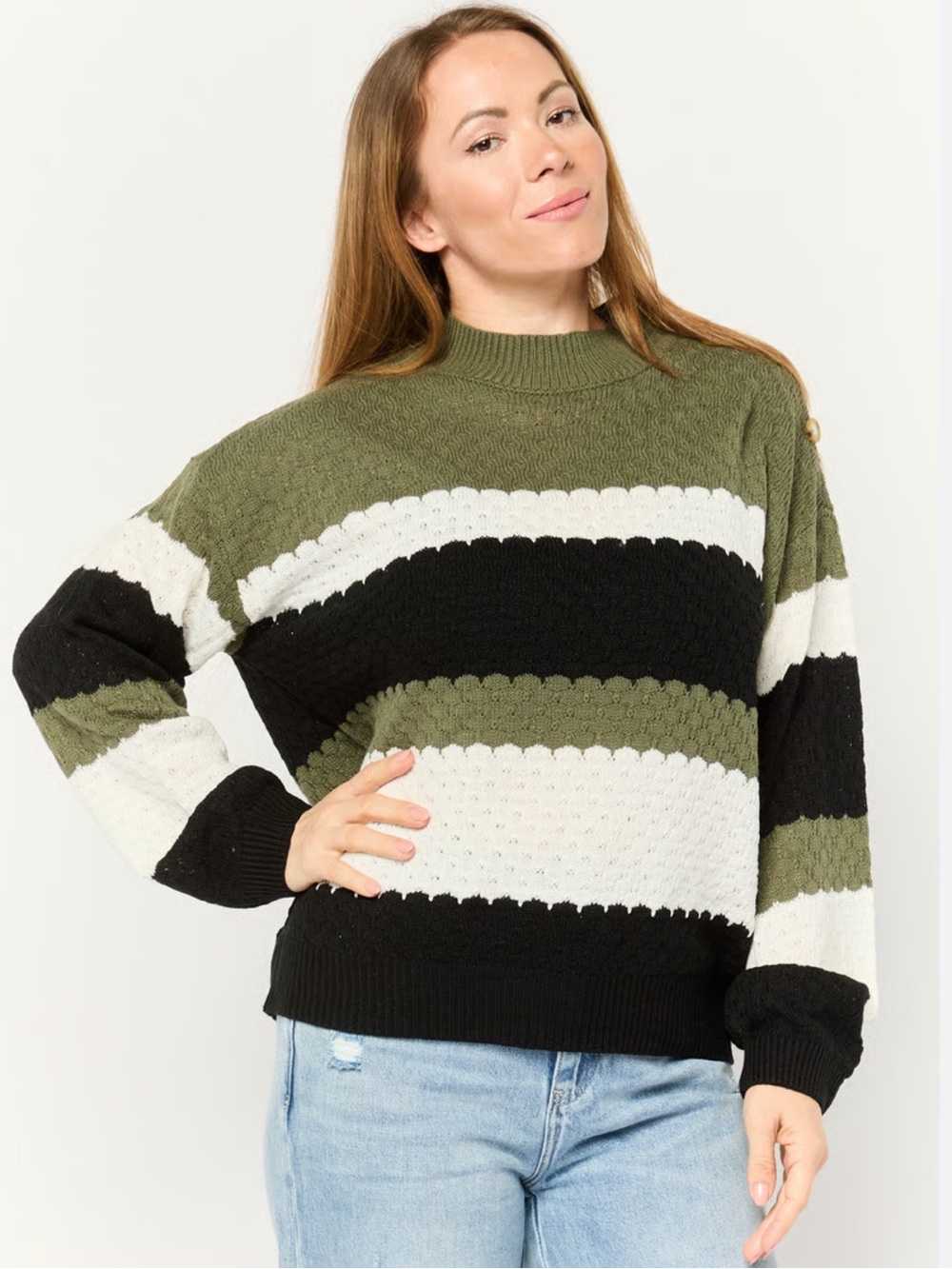 NWT Adrienne Vittadini Mock-Neck Sweater - Olive/Black/White Size PS